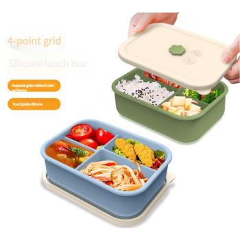 Dark blue Microwave-Safe Silicone Lunch Box with 4 Compartments - Airtight Bento Box for Work and Travel