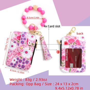 Floral Slim Card Holder Wallet with Beaded Keychain Bracelet & Tassel - 4 Card Slots, ID Window(Rose red)