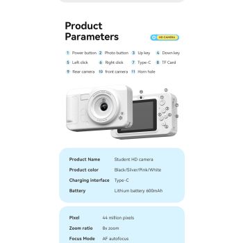 Student HD Digital Camera - 44MP, 8x Zoom, Autofocus, Dual Lens, Type-C Charging (white)
