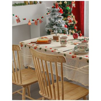 Embroidered Christmas Tablecloth - Embroidered Bells & Holly Design (140*200cm)