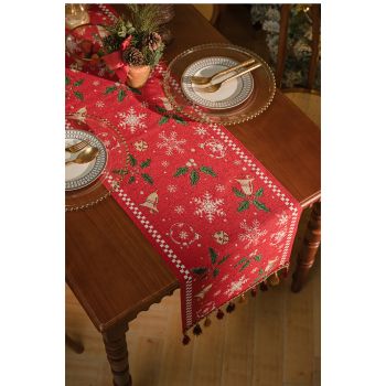 Red Christmas Table Runner with Tassels - Festive Snowflake & Bell Print (35*180cm)
