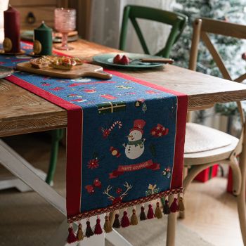 Blue Christmas Festive Table Runner - Blue with Snowman, Reindeer and Happy Holidays (35*220cm)