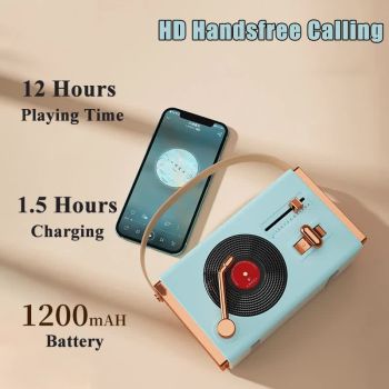 Blue Retro Record Player Style Bluetooth Speaker - Portable Wireless Turntable Design Audio