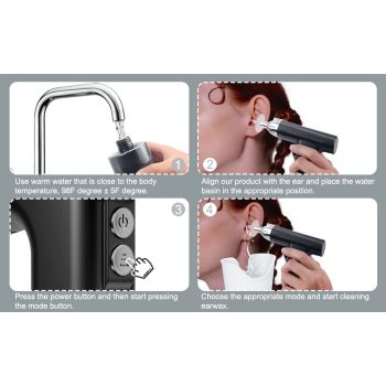 Black Electric Earwax Irrigator Set - Gentle and effective earwax cleaner with collection basin and earplugs