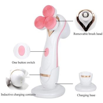 Blue 3-Head Electric Facial Cleansing Brush - Rechargeable Spin Scrubber Kit