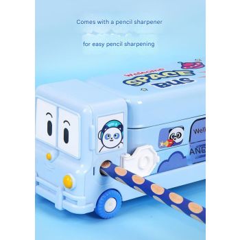 2-pcs (One pink and one blue) Fun School Bus Pencil Box with Built-in Sharpener - 3 Layer Large Capacity Stationery Box for Kids