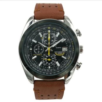 Brown leather black dial watch Elegant Men's Quartz Chronograph Watch with 42mm Case and Perpetual Calendar