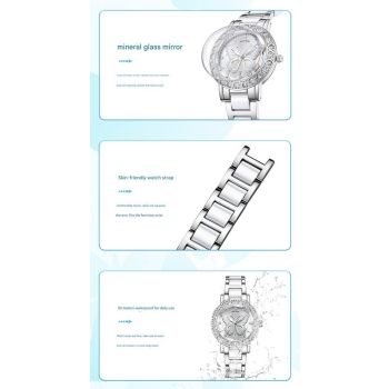 Women's Butterfly Quartz Watch with Ceramic Steel Strap and Luminous Hands (Silver shell powder surface steel belt)