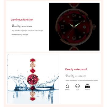 Green Women's Four-Leaf Clover Quartz Watch with Red Dial and Crystal Accents