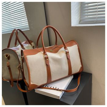 Brown Contrast Color Women's Travel Bag - Canvas & PU Leather Trim Luggage (32x21x14cm)