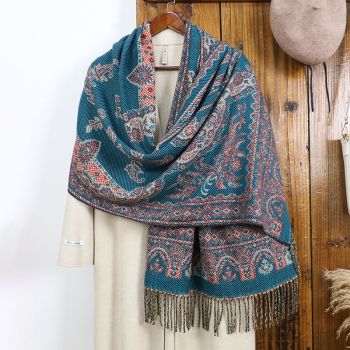 Style 3 Women's Ethnic Faux Cashmere Shawl Wrap - Jacquard Pattern Tassel Scarf (A unique blue)