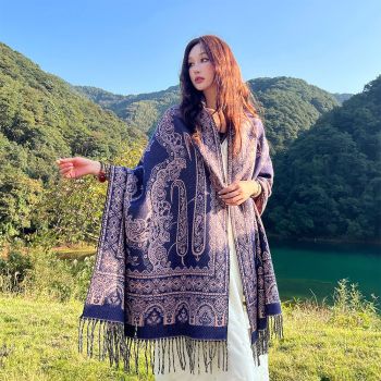 Style 4 Women's Ethnic Faux Cashmere Shawl Wrap - Jacquard Pattern Tassel Scarf (A unique hole purple)