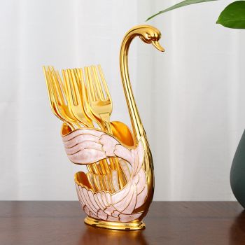 Elegant Swan Base Spoon Holder Set with 6 Coffee/Dessert Spoons(Gold Fork)