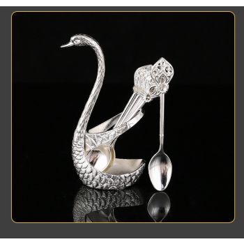 Silver Elegant Swan Cutlery Holder Set with 6 Dessert Spoons