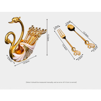Gold Elegant Double Swan Cutlery Holder Set with 6pcs Spoons