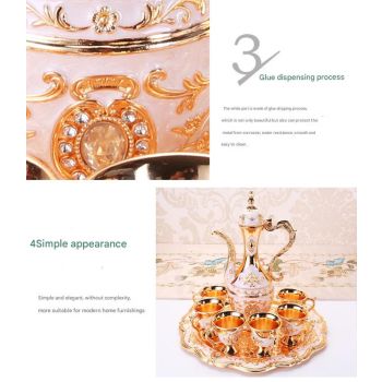 Elegant Gold Metal Serving Set - Decanter, 6 Cups, Tray (White Gold)