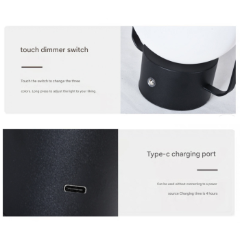 White Portable Rechargeable LED Lantern Lamp - Touch Control 3-Color Dimmable Desk Light