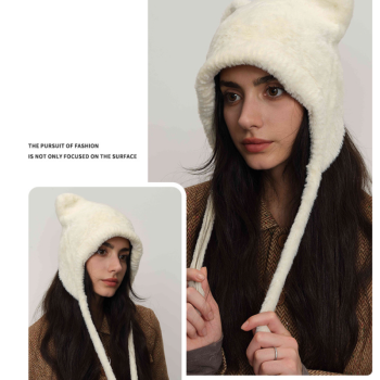 White Fluffy Cat Ear Winter Earflap Hat Women Knitted Warm Cold Weather Cap