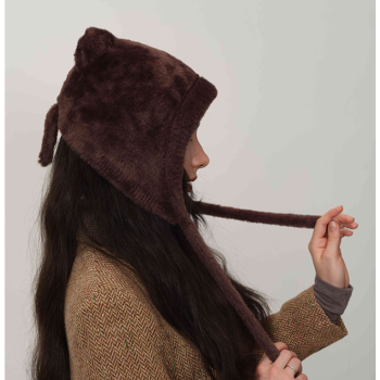 Dark brown Fluffy Cat Ear Winter Earflap Hat Women Knitted Warm Cold Weather Cap