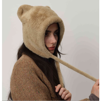 Beige Fluffy Cat Ear Winter Earflap Hat Women Knitted Warm Cold Weather Cap