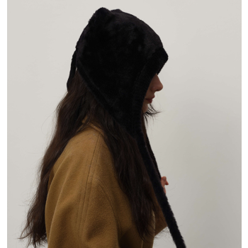 Black Fluffy Cat Ear Winter Earflap Hat Women Knitted Warm Cold Weather Cap