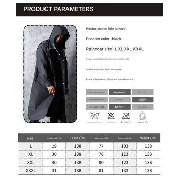 Stylish Black Trench Raincoat - Extra Long, Hooded, for Hiking & Fishing - L