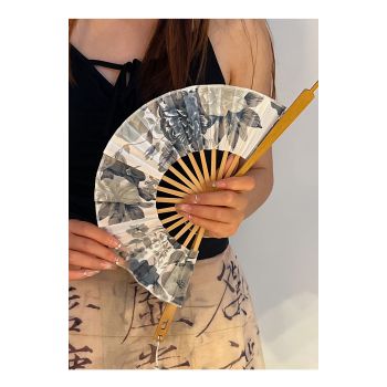 2 PCS Floral Bamboo Folding Hand Fan - Traditional Chinese Style Round Folding Design (Elegant ink flower)