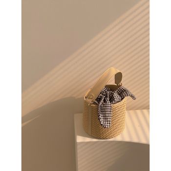 Woven Straw Bucket Bag with Gingham Bow Accent - Mini Top Handle & Crossbody