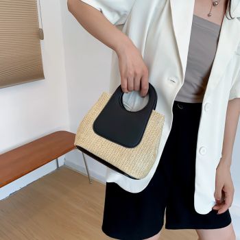 Retro Straw Tote Bag - Woven Handbag with Contrast Panel & Round Handles