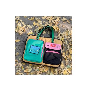 Black Color Block Canvas Laptop Tote Bag - Funky Multi-Pocket Design for Women (37*31*3cm)