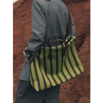 Large Capacity Canvas Tote Bag - Green Stripes, Drawstring Top, Leather Handles