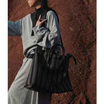 Large Capacity Canvas Tote Bag - Grey Stripes, Drawstring Top, Leather Handles