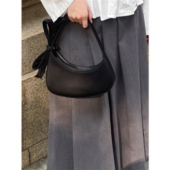 Chic Black Crescent Bag with Statement Bow - PU Leather Shoulder Purse