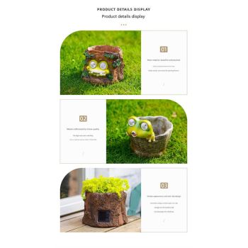Frog Solar Light Planter - Resin Succulent Pot with Glowing Eyes (Stump frog)
