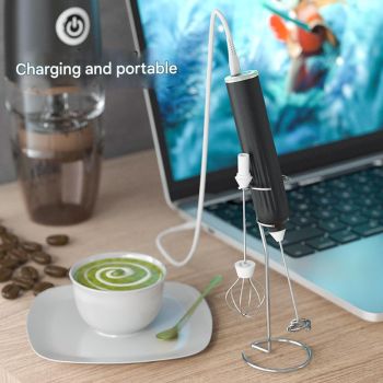 Black USB Rechargeable Milk Frother - 3-Speed Handheld Electric Whisk with Stand