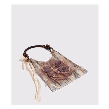 Vintage Rose Floral Shoulder Bag - 3D Fabric Flowers, Wooden Bead Handle Tote