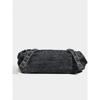 Distressed Black Denim Messenger Bag - Rivet Detail, Adjustable Strap, Large Streetwear Tote