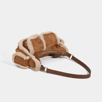 Faux Shearling Trim Suede Shoulder Bag - Multi-Pocket Y2K Retro Style