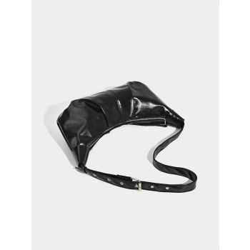 Chic Ruched Faux Leather Bag - Vintage Inspired Croissant Style, Black