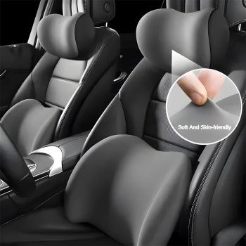 Grey Ergonomic Memory Foam Car Headrest & Lumbar Support Cushion Set - Driving Comfort Neck & Back Pillow