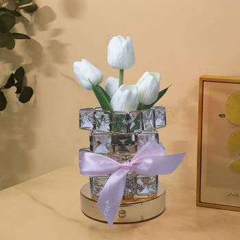Pink Elegant Crystal Tulip LED Night Light - Rechargeable Touch Lamp with 3 Colors & Dimming