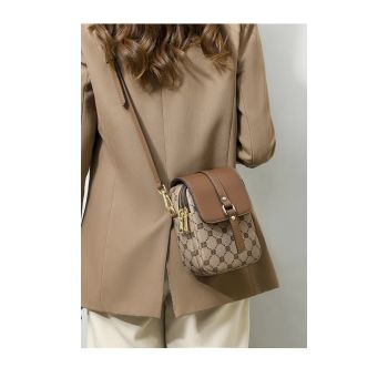 Brown and Beige Chic Diamond Mini Crossbody Phone Purse - PU Leather Vertical Shoulder Bag with Headphone Port