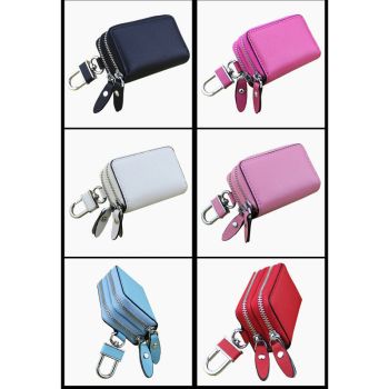 Red Compact Crossgrain Leather Double Zipper Key Case - Stylish Car & Home Key Organizer