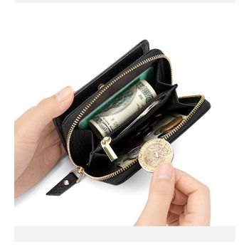 Black Compact RFID Genuine Leather Wallet for Women - Secure Zipper Card Holder & Coin Purse