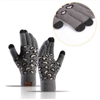 Dark Grey Women's 3-Piece Winter Knit Set - Leopard Print Plush Lined Beanie Hat, Scarf & Touchscreen Gloves