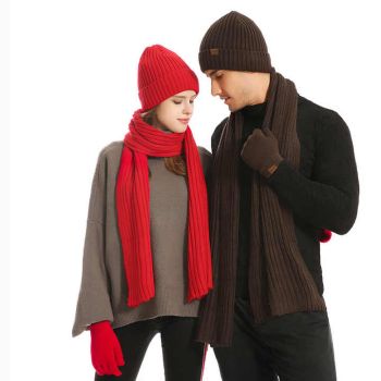 Khaki Men's 3-Piece Winter Warm Ribbed Knit Beanie Hat Scarf and Gloves Set