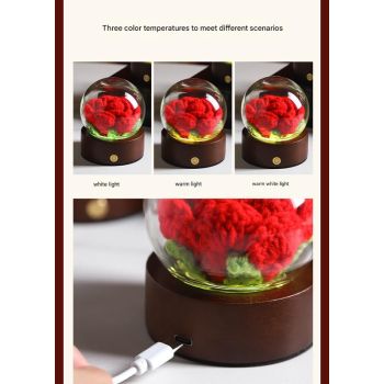 Orange Rose Handcrafted Crochet Flower LED Night Light - USB Rechargeable Glass Dome Lamp with Wood Base, 3 Color Modes