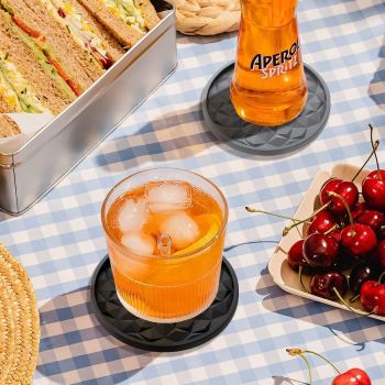 Black Geometric Silicone Drink Coasters Set (6 Pack) with Holder - Non-Slip Table Protectors