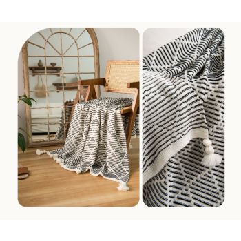 Black and Beige Diamond Pattern Soft Cozy Knit Throw Blanket with Tassels - Geometric Pattern Lightweight Acrylic Blanket for Sofa Couch Bed, 130x150cm