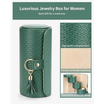 Black and Khaki Elegant 3-Tier Cylindrical Travel Jewellery Box - PU Leather Organizer for Rings Earrings Necklaces with Tassel Charm